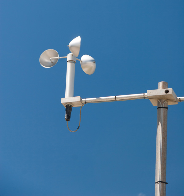 Cup anemometer being used to measure wind speed