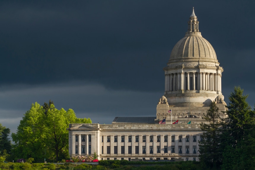 A dark sky over the Washington State Capitol Building in Olympia, Washington