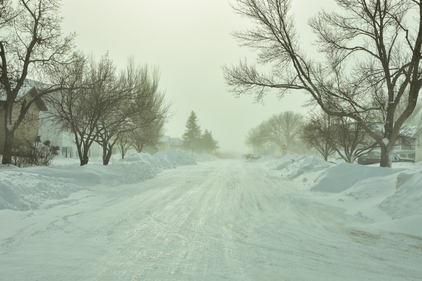 Snowing in the suburbs of Bismarck, North Dakota