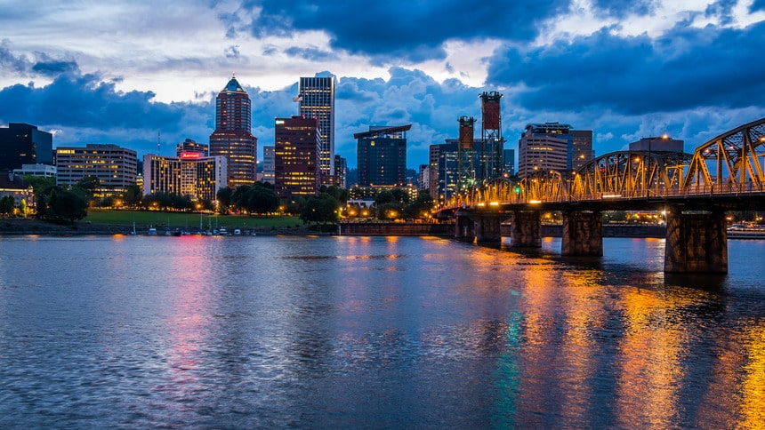 Portland, Oregon skyline along the Willamette River