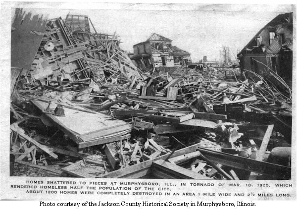 Homes destroyed in Murphysboro, Illinois, in the March 18, 1925, tri-state tornado